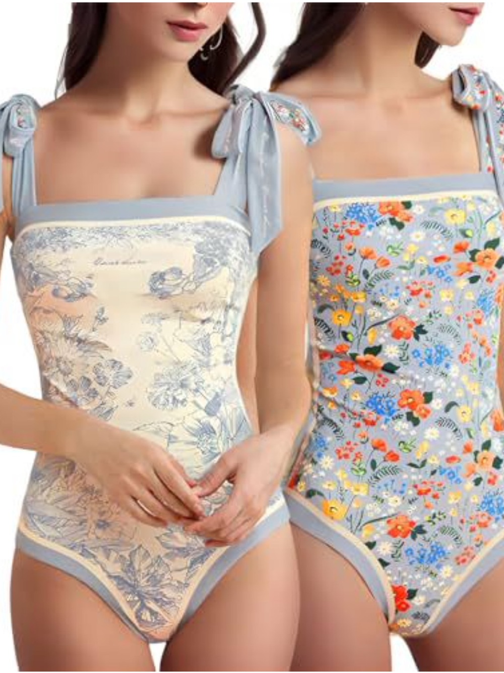 SKAYS Small Reversible Square Neck Floral Tie Shoulder Bodysuit Toile Light Blue